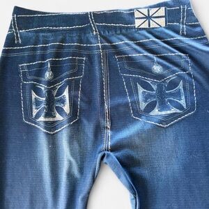 Blue Faux Denim Leggings with Cross Pocket Detail